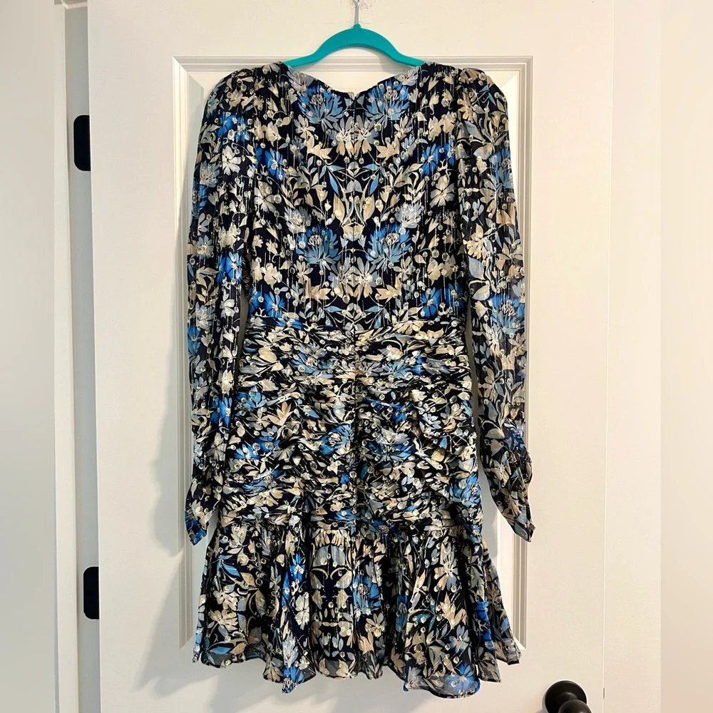 Monique Lhuillier Blue and Beige Metallic Floral Ruched Long-Sleeve Dress - Picture 7 of 8